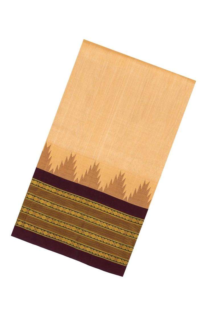 Sandal Handloom Korvai Silk Cotton Saree With Contrast Temple Border With Korvai And Temple Border Design For Women - Indya