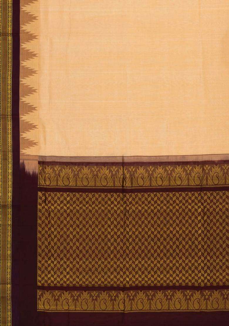 Sandal Handloom Korvai Silk Cotton Saree With Contrast Temple Border With Korvai And Temple Border Design For Women - Indya