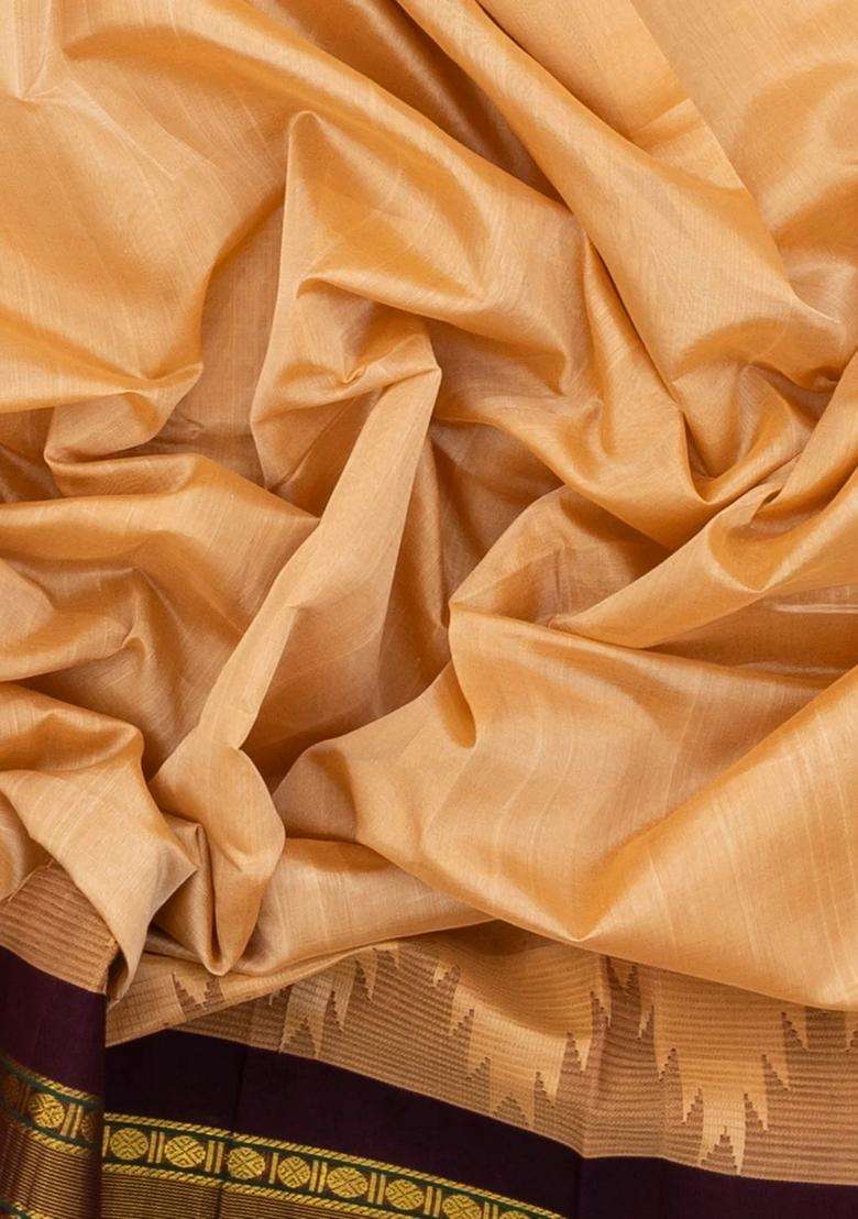 Sandal Handloom Korvai Silk Cotton Saree With Contrast Temple Border With Korvai And Temple Border Design For Women - Indya