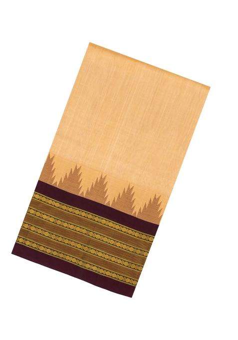 Sandal Handloom Korvai Silk Cotton Saree With Contrast Temple Border With Korvai And Temple Border Design For Women