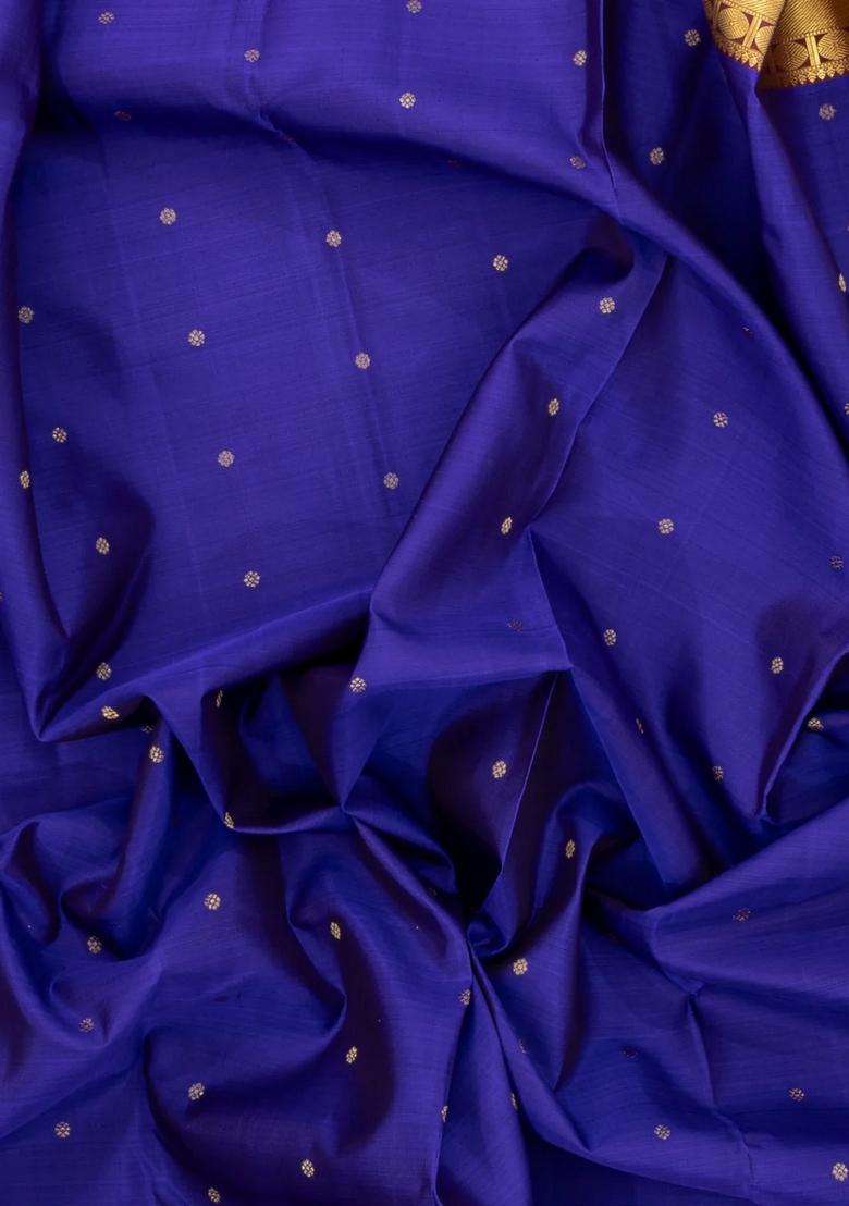 Black Blue Handloom Kanchipuram Silk Saree With Kamalam Buttas With Buttas And Brocade Design For Women - Indya