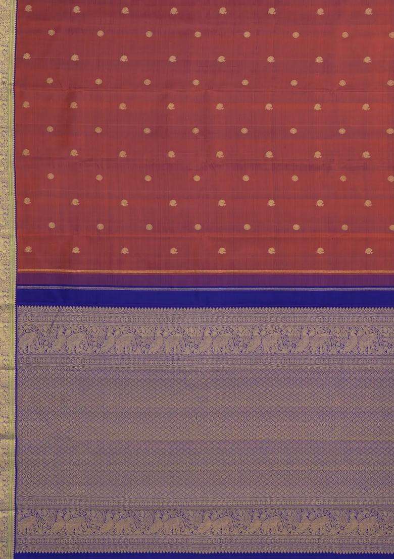Brown Handloom Kanchipuram Silk Saree With Blue Border With Buttas And Brocade Design For Women - Indya