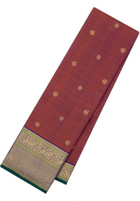 Brown Handloom Kanchipuram Silk Saree With Blue Border With Buttas And Brocade Design For Women