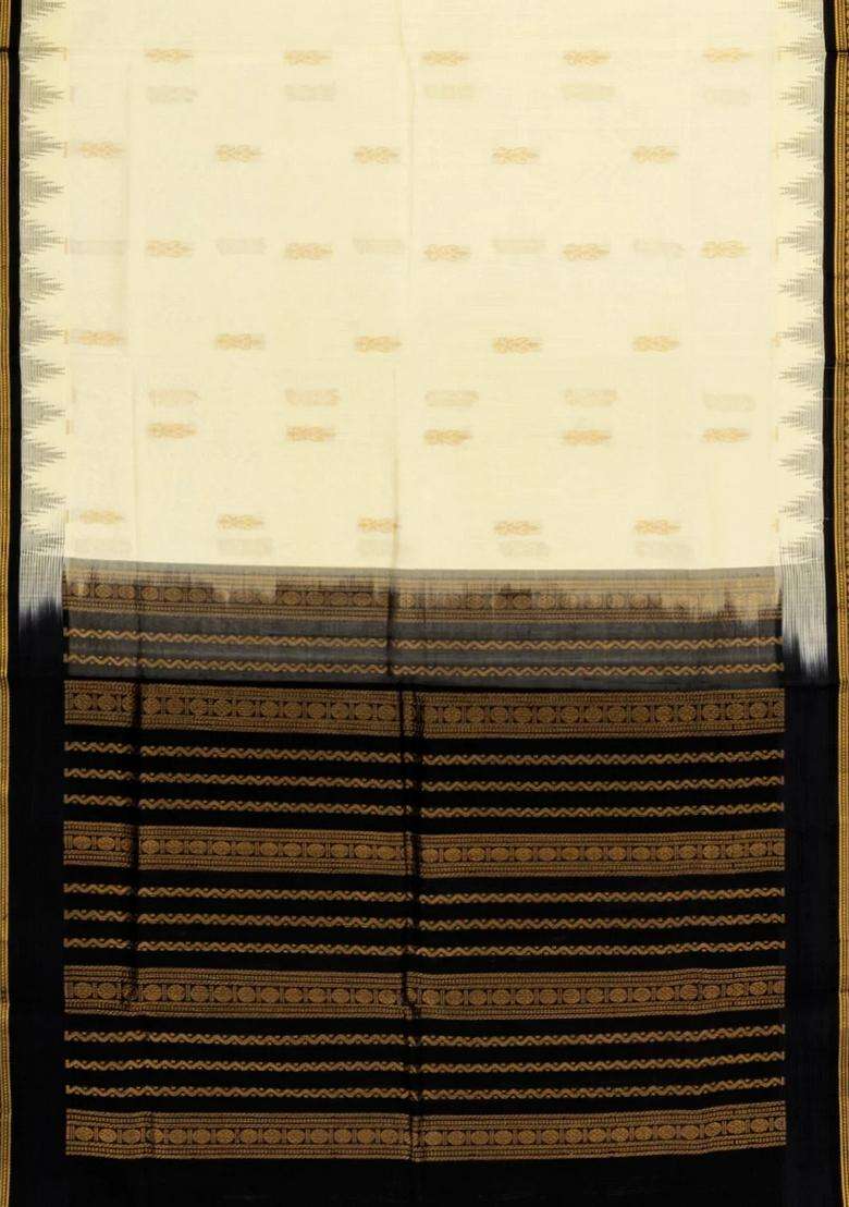 Cream Handloom Korvai Silk Cotton Saree With Buttas Black Border With Korvai And Temple Border Design For Women - Indya