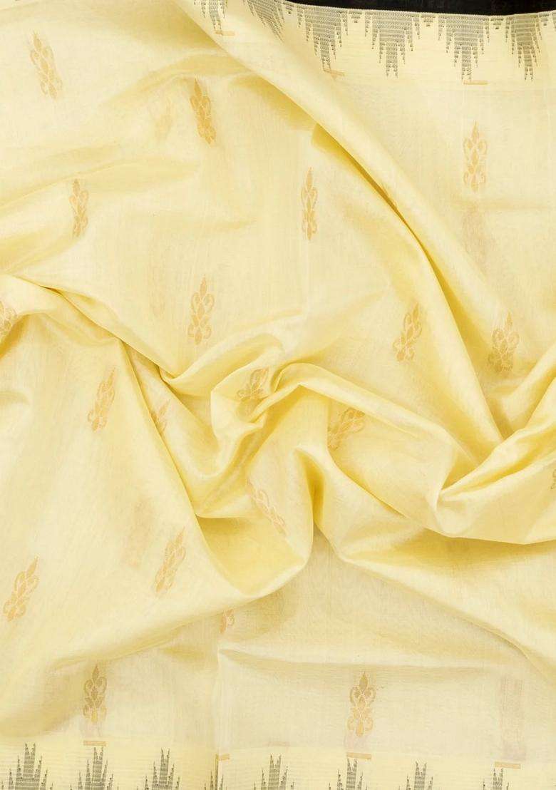Cream Handloom Korvai Silk Cotton Saree With Buttas Black Border With Korvai And Temple Border Design For Women - Indya