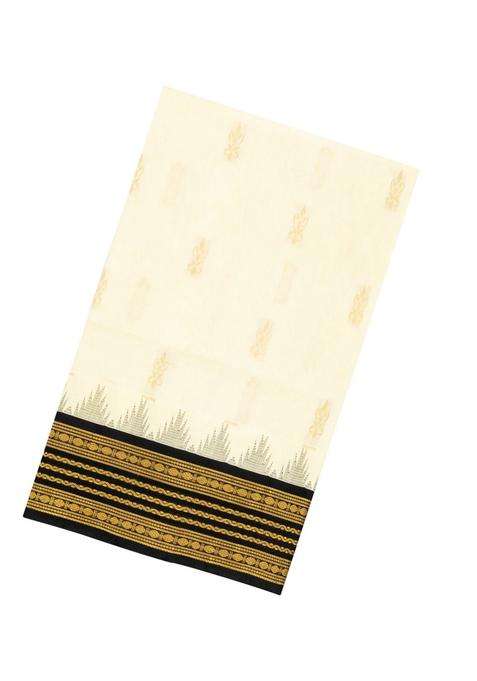 Cream Handloom Korvai Silk Cotton Saree With Buttas Black Border With Korvai And Temple Border Design For Women