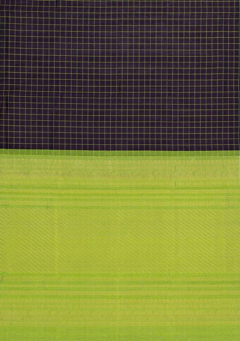 Black Handloom Silk Cotton Saree With Dotted Checks With Checks And Stripes Design For Women - Indya