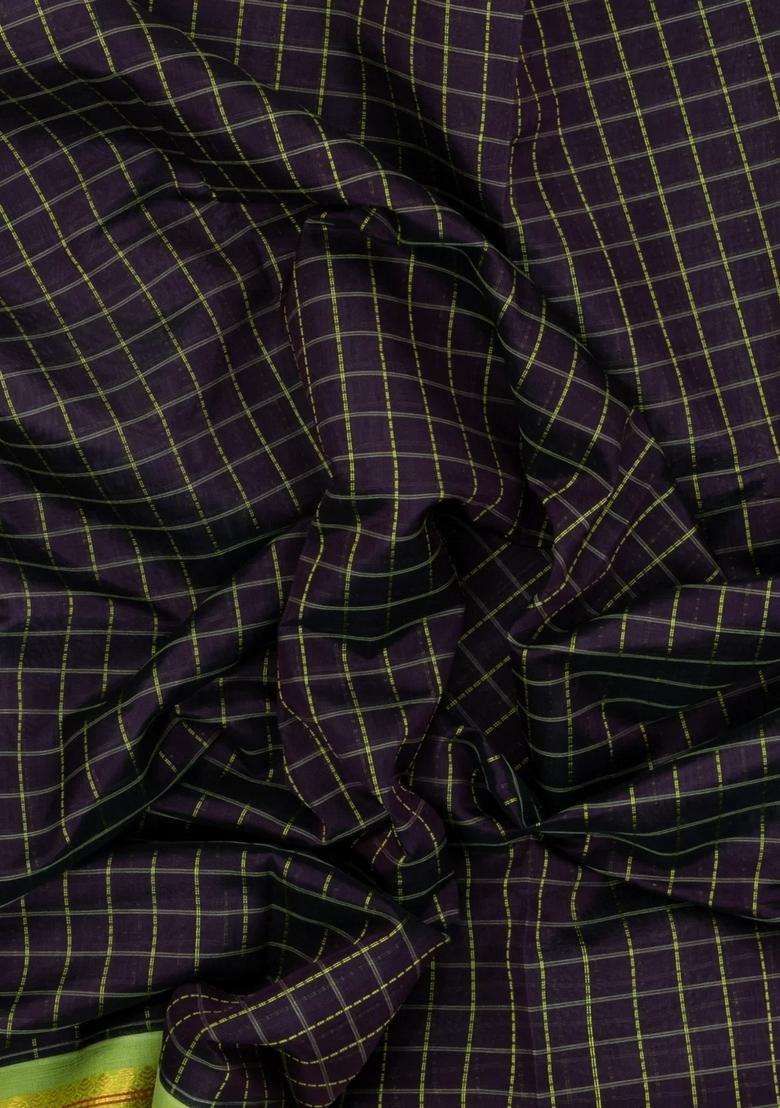Black Handloom Silk Cotton Saree With Dotted Checks With Checks And Stripes Design For Women - Indya