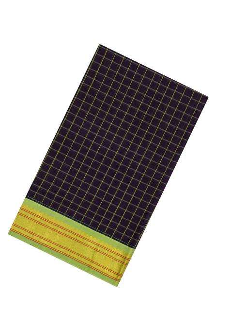 Black Handloom Silk Cotton Saree With Dotted Checks With Checks And Stripes Design For Women