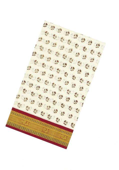 Off White Handloom Silk Cotton Saree With Printed Floral Motifs For Women
