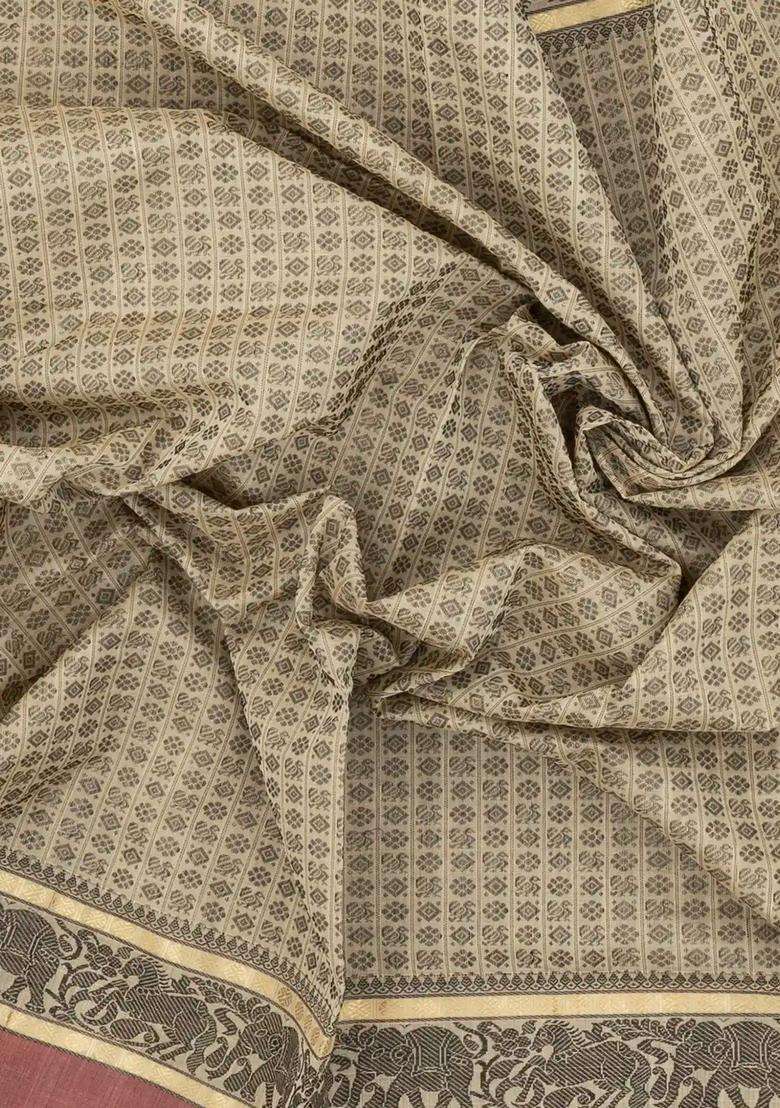 Beige Handloom Silk Cotton Saree With Annam Chakaram Motifs With Buttas And Brocade Design For Women - Indya