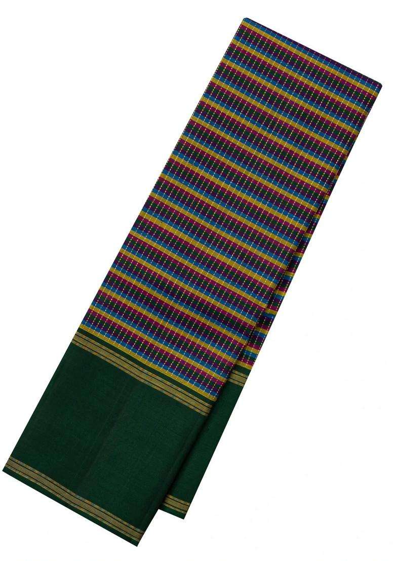 Multi Colour Handloom Kanchipuram Silk Saree With Checks Green Border With Checks And Stripes Design For Women - Indya