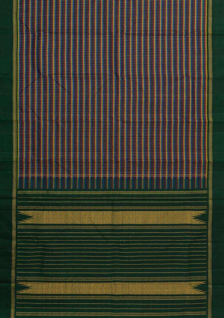Multi Colour Handloom Kanchipuram Silk Saree With Checks Green Border With Checks And Stripes Design For Women - Indya