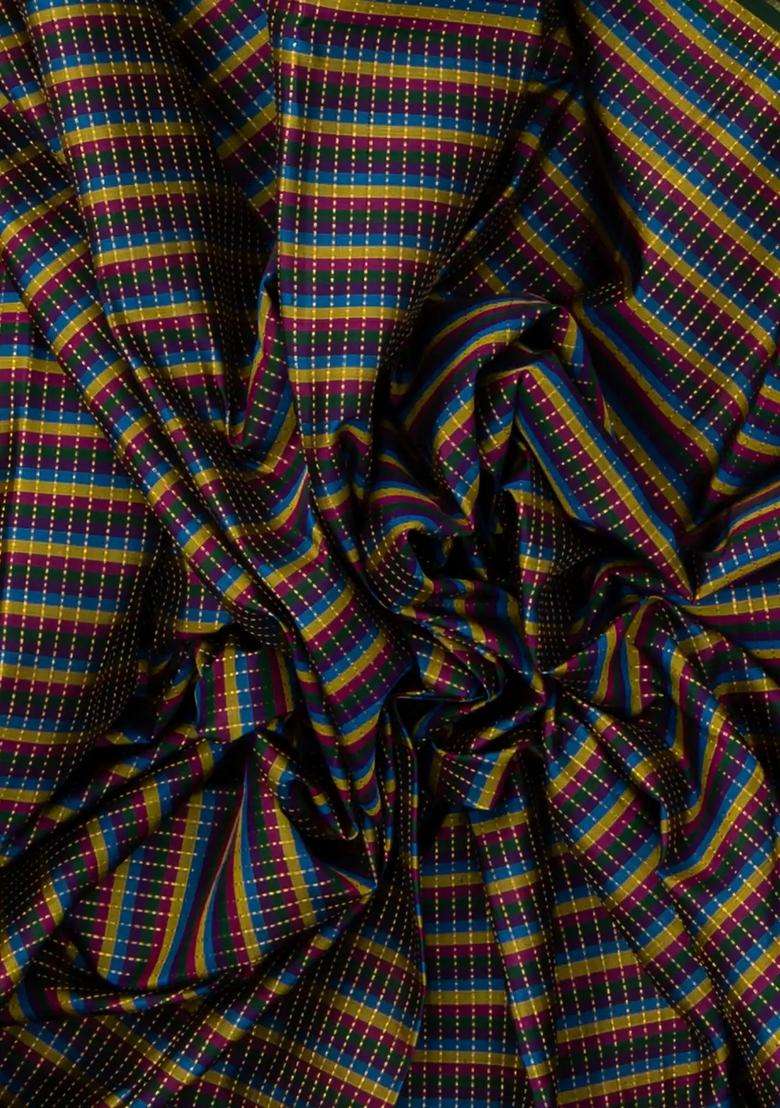 Multi Colour Handloom Kanchipuram Silk Saree With Checks Green Border With Checks And Stripes Design For Women - Indya