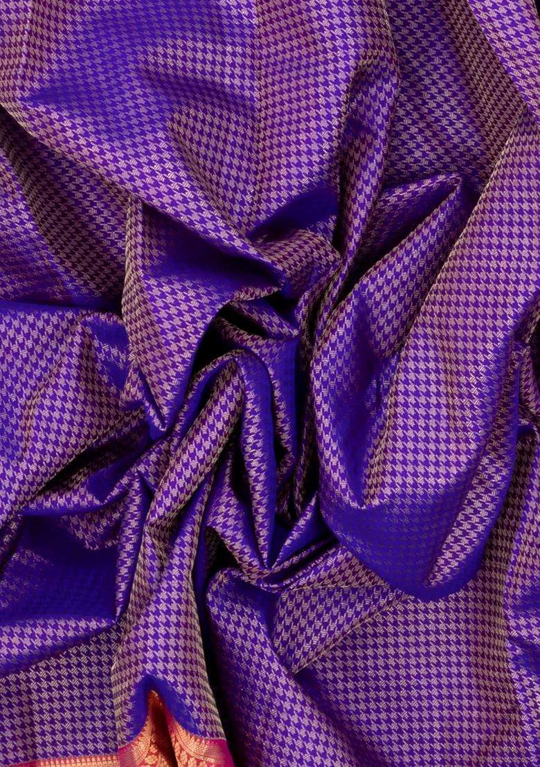 Purple Handloom Kanchipuram Silk Saree With Houndstooth Motifs With Buttas And Brocade Design For Women - Indya