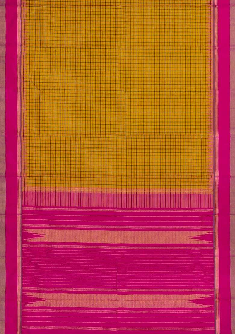 Mustard Handloom Korvai Kanchipuram Silk Saree With Checks With Korvai And Temple Border Design For Women - Indya