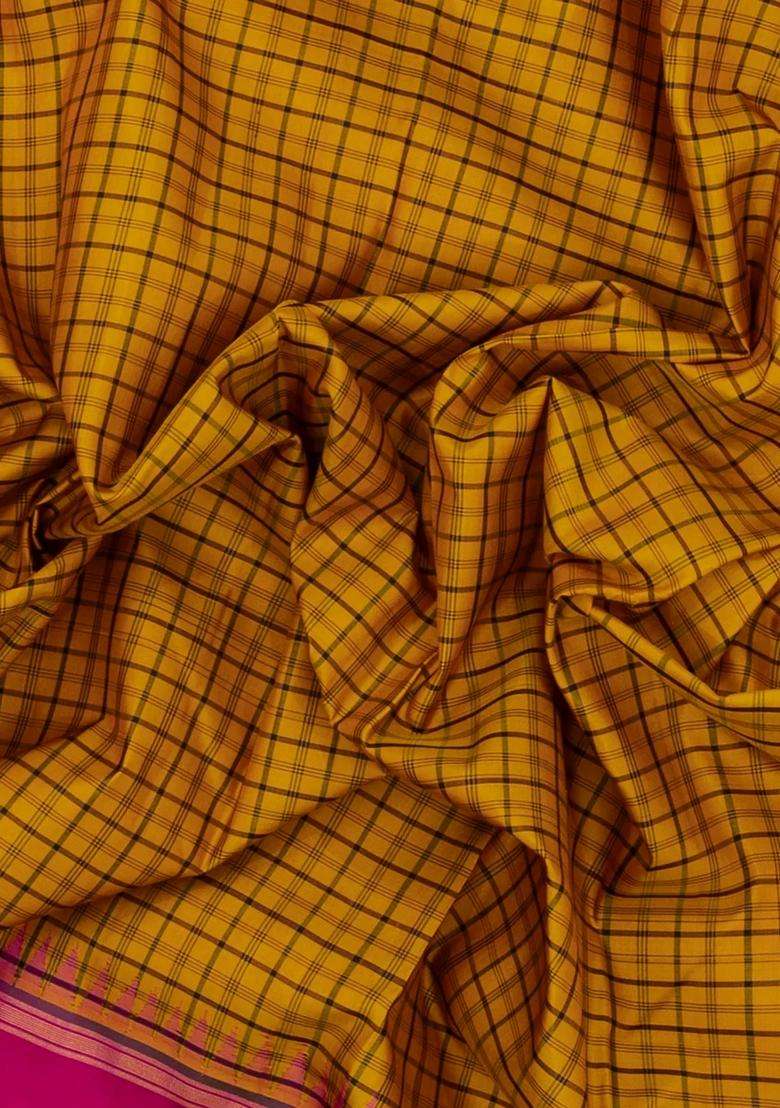 Mustard Handloom Korvai Kanchipuram Silk Saree With Checks With Korvai And Temple Border Design For Women - Indya