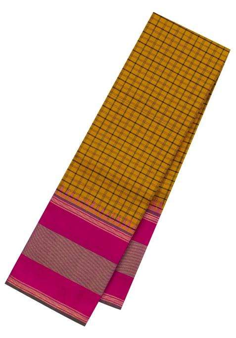 Mustard Handloom Korvai Kanchipuram Silk Saree With Checks With Korvai And Temple Border Design For Women
