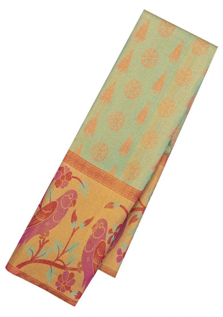 Turmeric Yellow Turquoise Handloom Tissue Kanchipuram Silk Saree With Meena Floral Motifs With Buttas And Brocade Design For Women - Indya