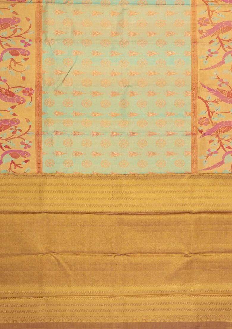 Turmeric Yellow Turquoise Handloom Tissue Kanchipuram Silk Saree With Meena Floral Motifs With Buttas And Brocade Design For Women - Indya
