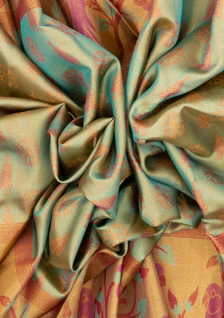 Turmeric Yellow Turquoise Handloom Tissue Kanchipuram Silk Saree With Meena Floral Motifs With Buttas And Brocade Design For Women - Indya