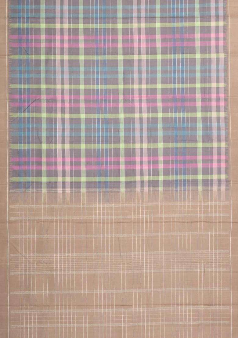 Multi Colour Handloom Kanchipuram Silk Saree With Checks With Checks And Stripes Design For Women - Indya