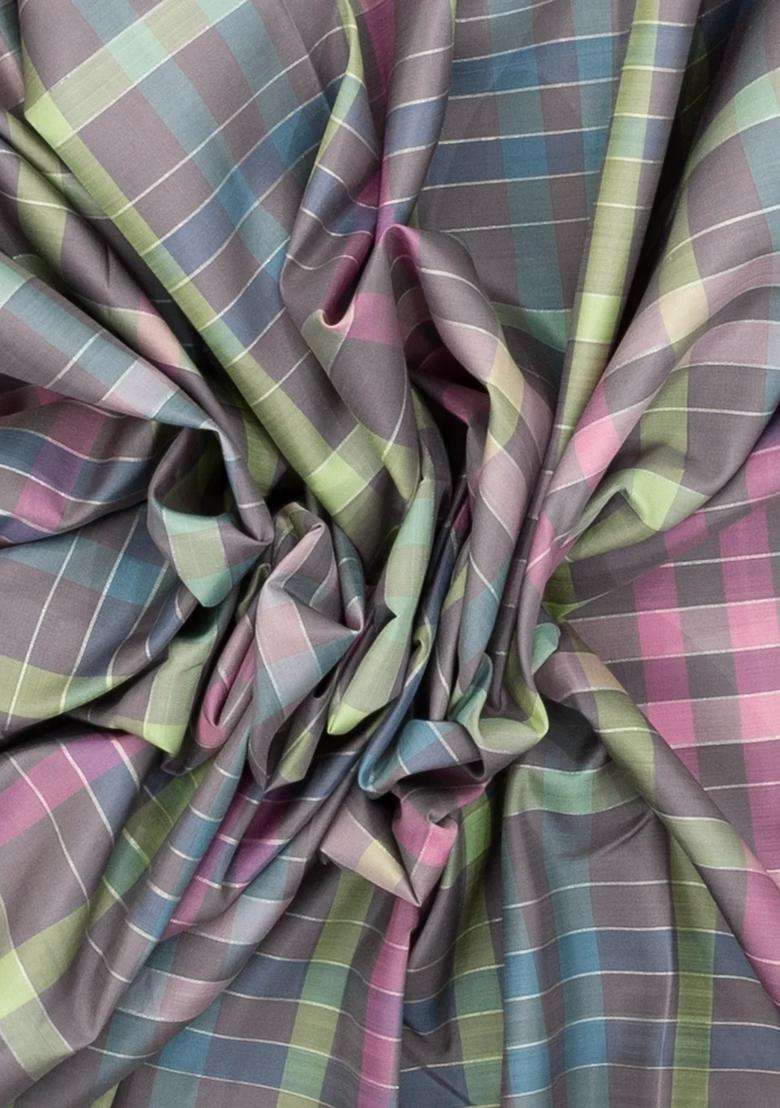 Multi Colour Handloom Kanchipuram Silk Saree With Checks With Checks And Stripes Design For Women - Indya