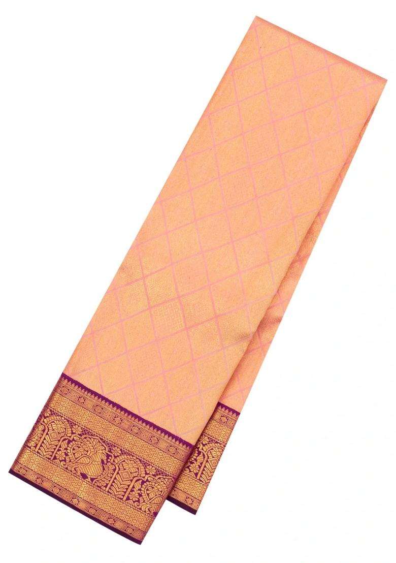 Light Peach Handloom Korvai Kanchipuram Silk Saree With Diamond Motifs With Korvai And Temple Border Design For Women - Indya