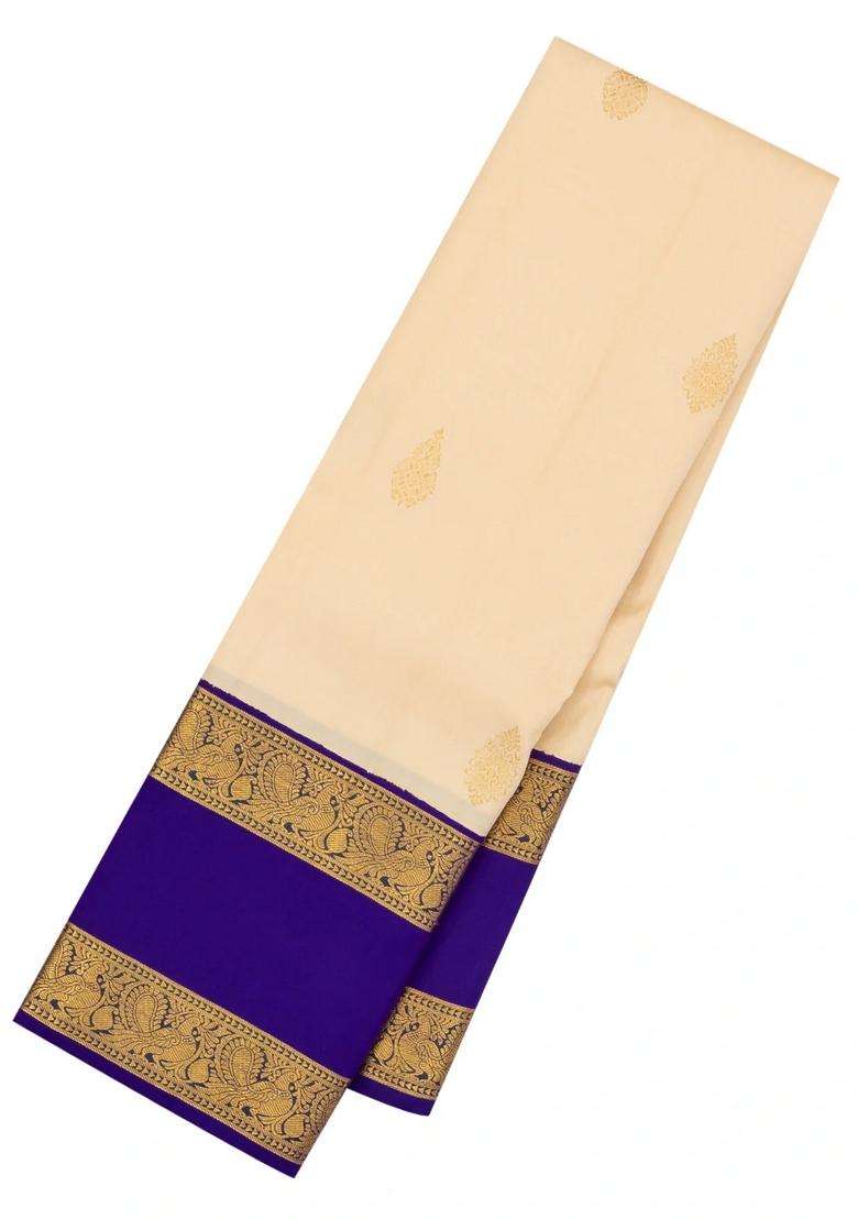 Cream Handloom Korvai Kanchipuram Silk Saree With Buttas Blue Border With Korvai And Temple Border Design For Women - Indya
