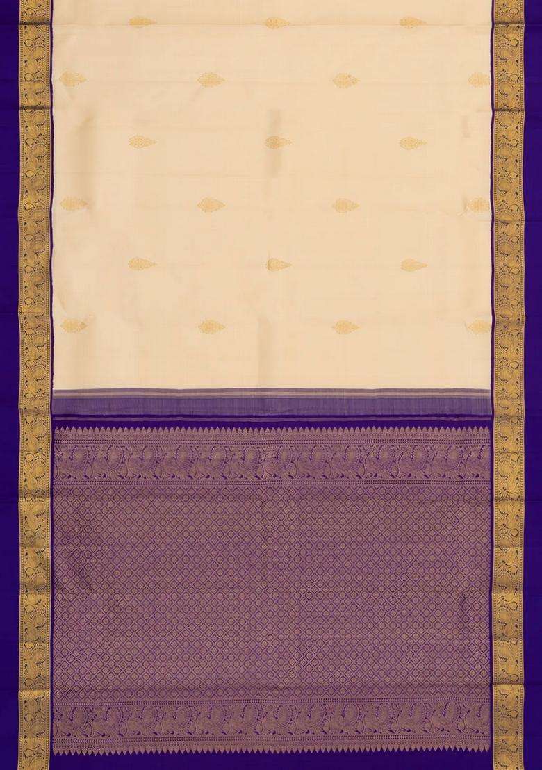 Cream Handloom Korvai Kanchipuram Silk Saree With Buttas Blue Border With Korvai And Temple Border Design For Women - Indya