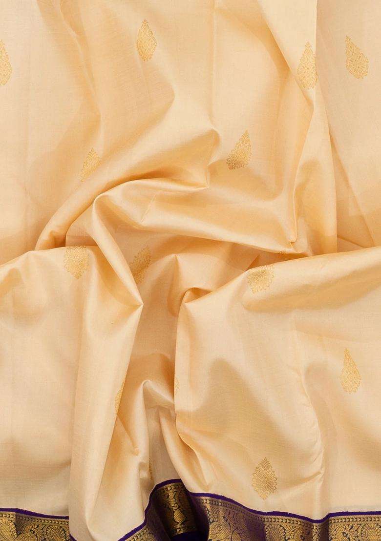 Cream Handloom Korvai Kanchipuram Silk Saree With Buttas Blue Border With Korvai And Temple Border Design For Women - Indya