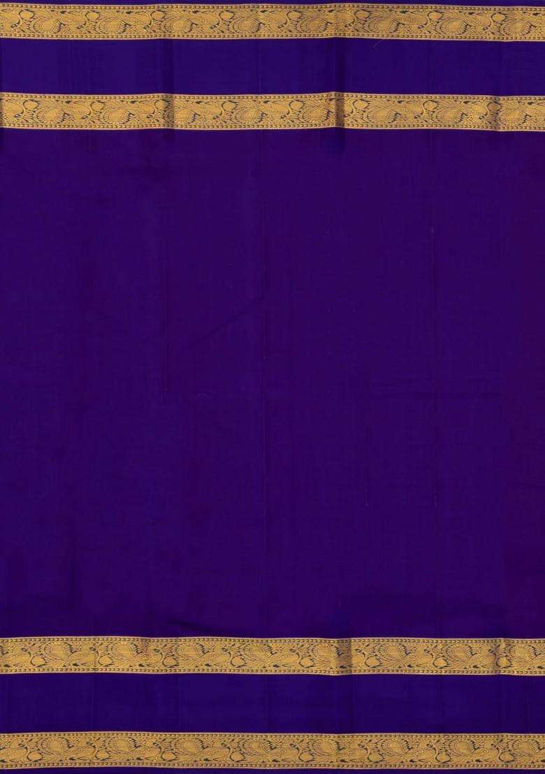 Cream Handloom Korvai Kanchipuram Silk Saree With Buttas Blue Border With Korvai And Temple Border Design For Women - Indya