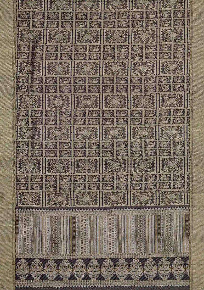 Black Handloom Kanchipuram Silk Saree With Bomkai Motifs With Buttas And Brocade Design For Women - Indya
