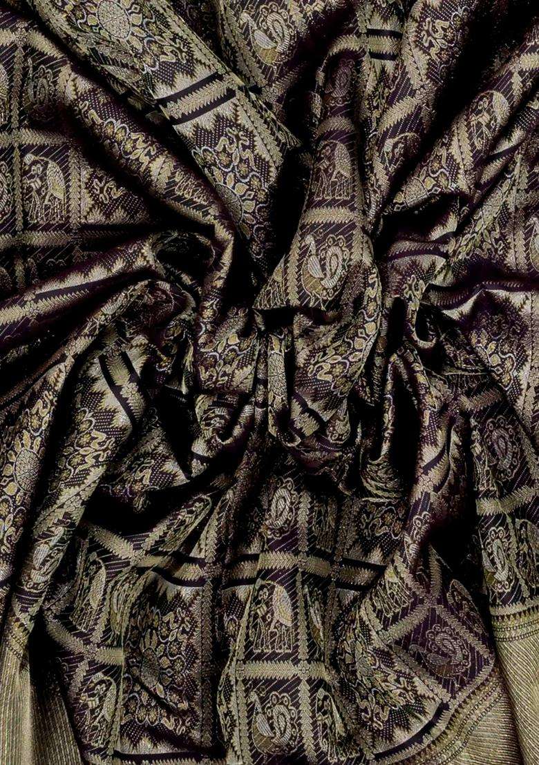 Black Handloom Kanchipuram Silk Saree With Bomkai Motifs With Buttas And Brocade Design For Women - Indya