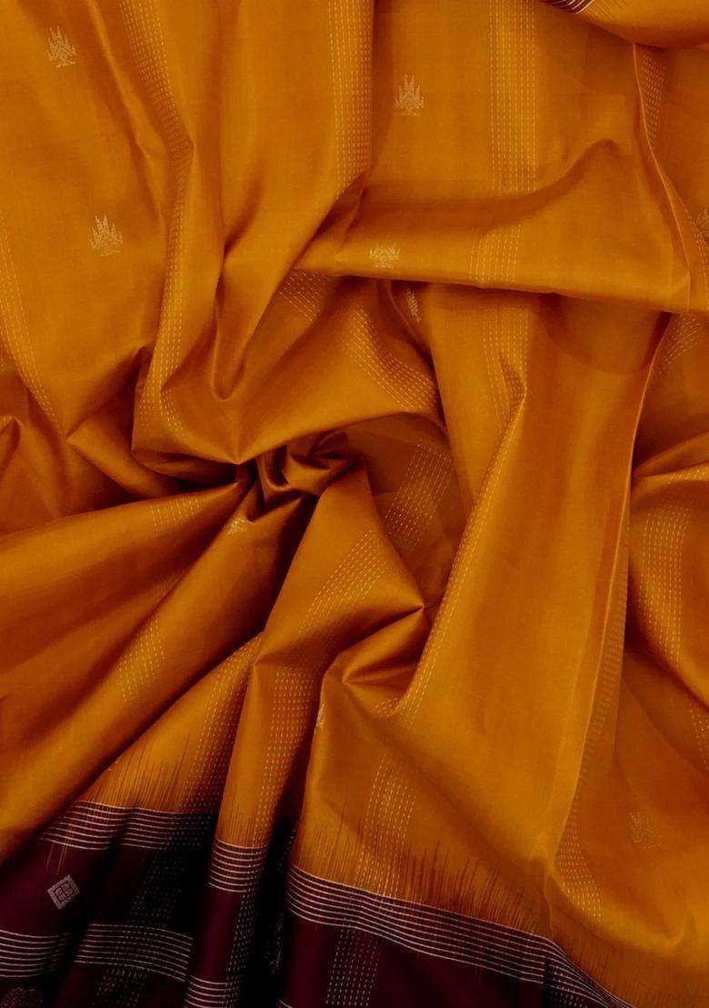Mustard Handloom Soft Silk Saree With Stripes Buttas With Buttas And Brocade Design For Women - Indya