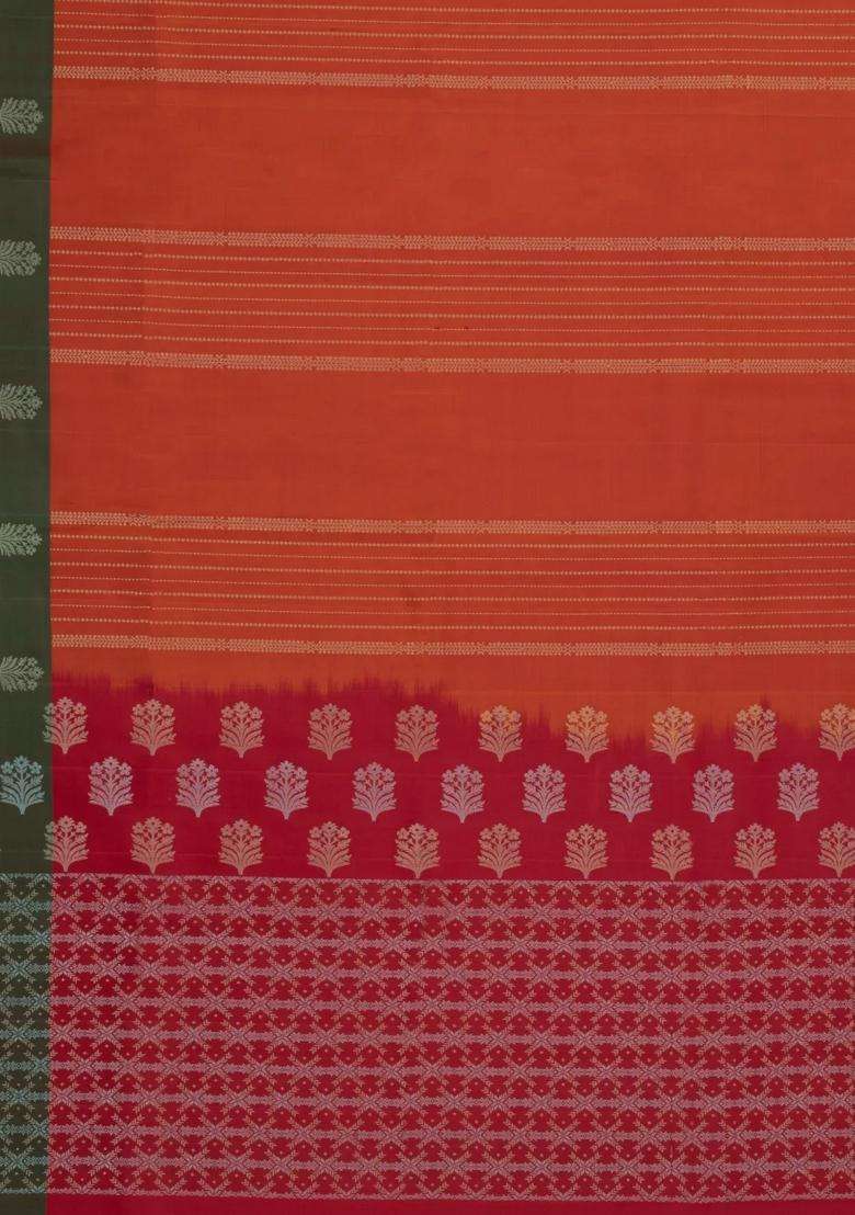 Orange Handloom Soft Silk Saree With Floral Stirpes With Checks And Stripes Design For Women - Indya