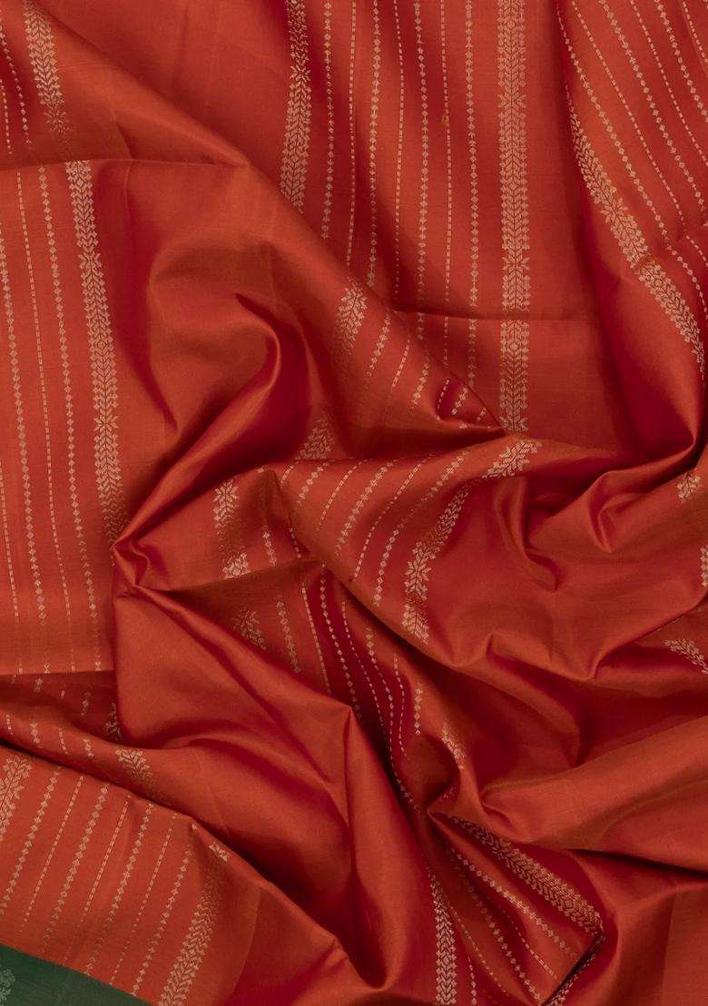 Orange Handloom Soft Silk Saree With Floral Stirpes With Checks And Stripes Design For Women - Indya