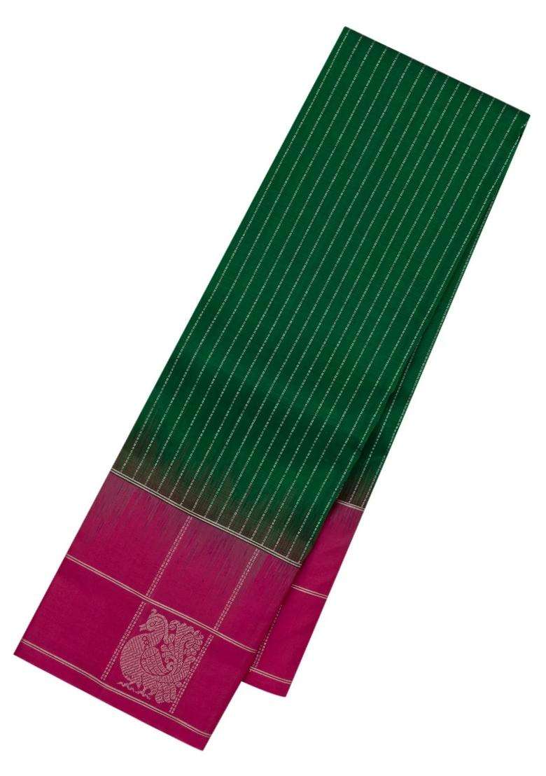 Dark Green Handloom Soft Silk Saree With Stripes Contrast Border With Checks And Stripes Design For Women - Indya