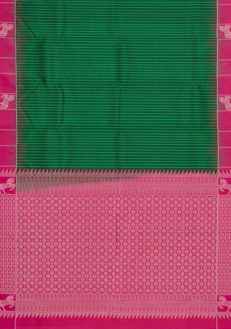 Dark Green Handloom Soft Silk Saree With Stripes Contrast Border With Checks And Stripes Design For Women - Indya