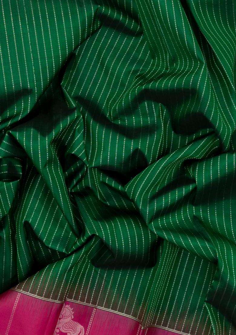 Dark Green Handloom Soft Silk Saree With Stripes Contrast Border With Checks And Stripes Design For Women - Indya