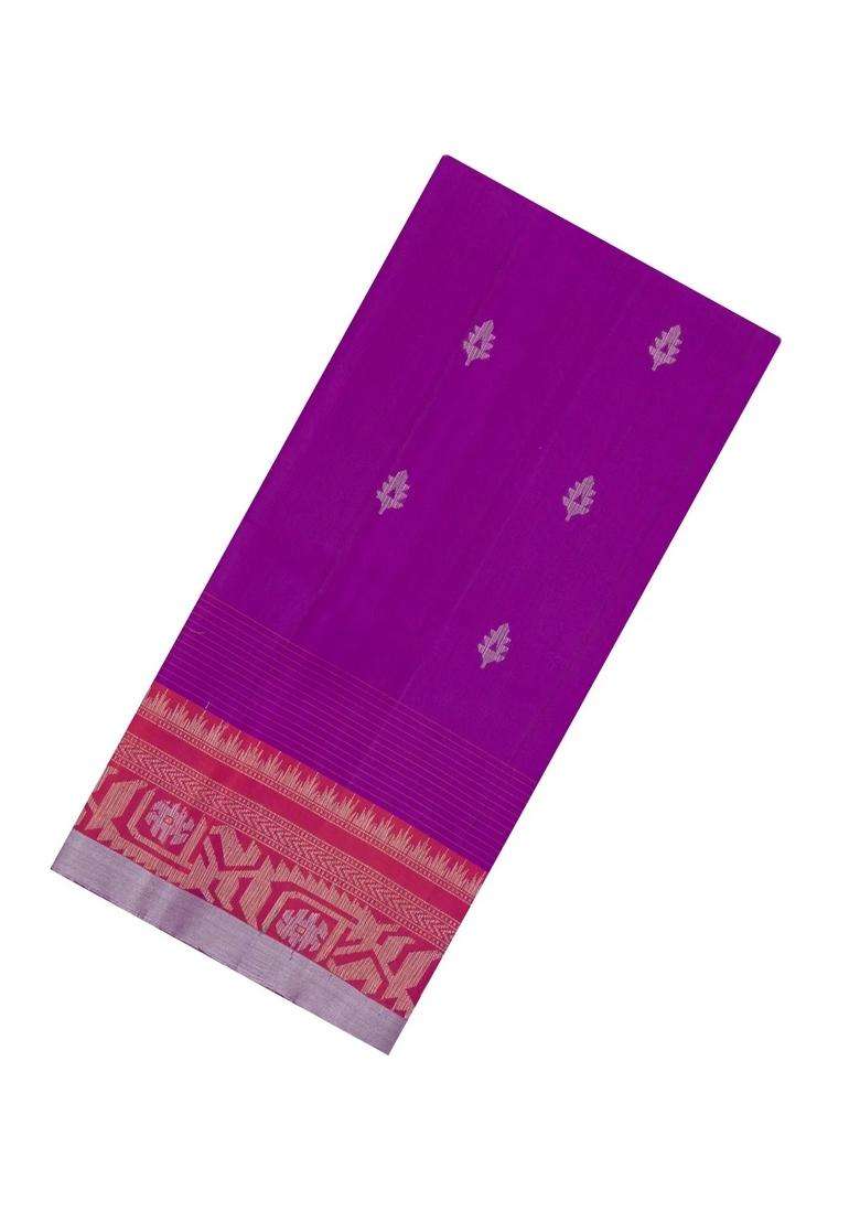 Purple Handloom Soft Silk Saree With Floral Buttas Contrast Border With Buttas And Brocade Design For Women - Indya