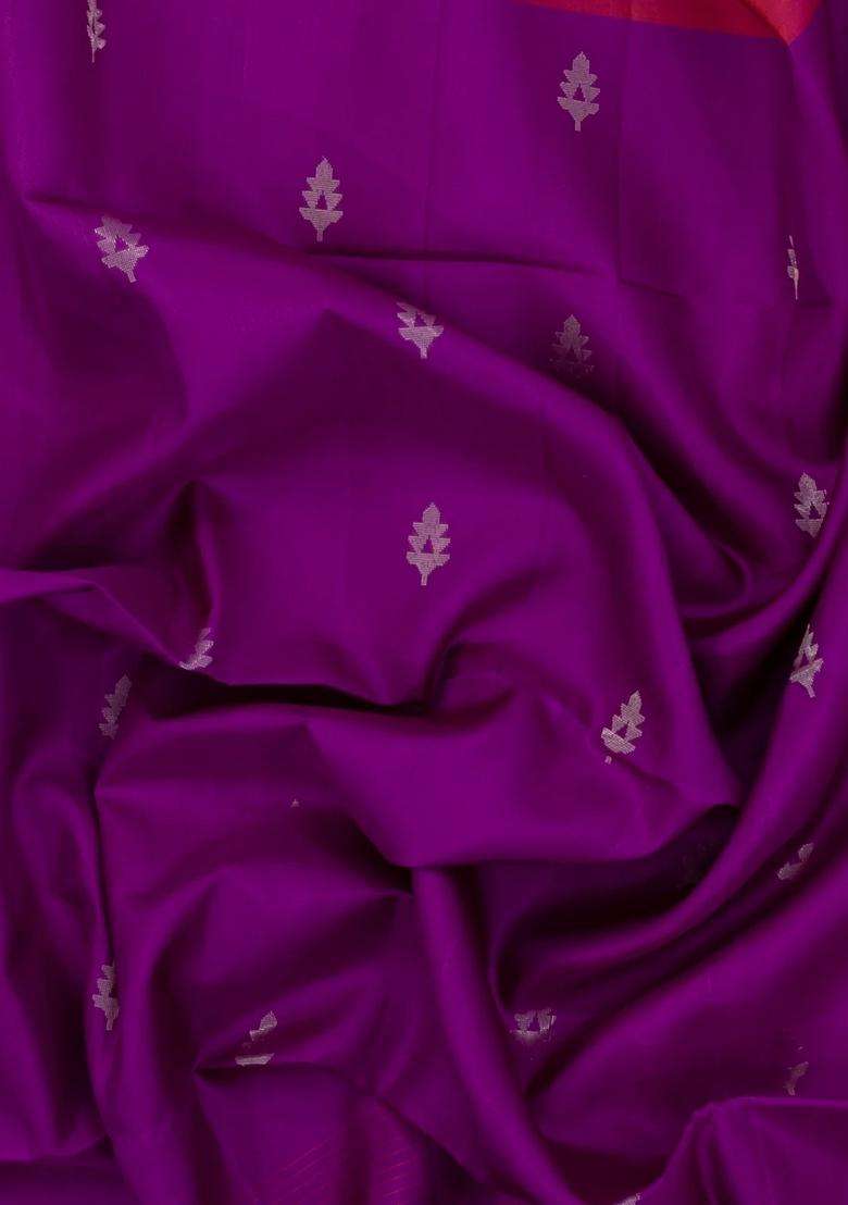 Purple Handloom Soft Silk Saree With Floral Buttas Contrast Border With Buttas And Brocade Design For Women - Indya
