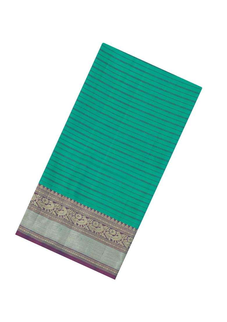 Aquamarine Handloom Soft Silk Saree With Stripes Contrast Border With Checks And Stripes Design For Women - Indya