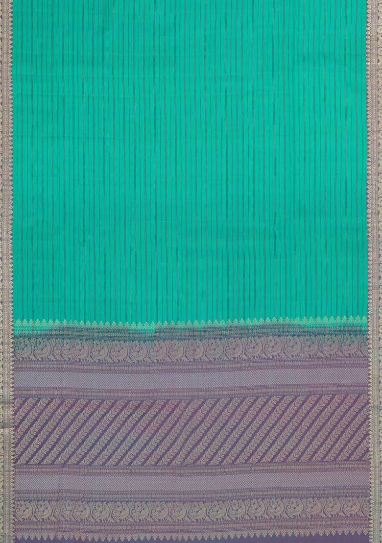 Aquamarine Handloom Soft Silk Saree With Stripes Contrast Border With Checks And Stripes Design For Women - Indya