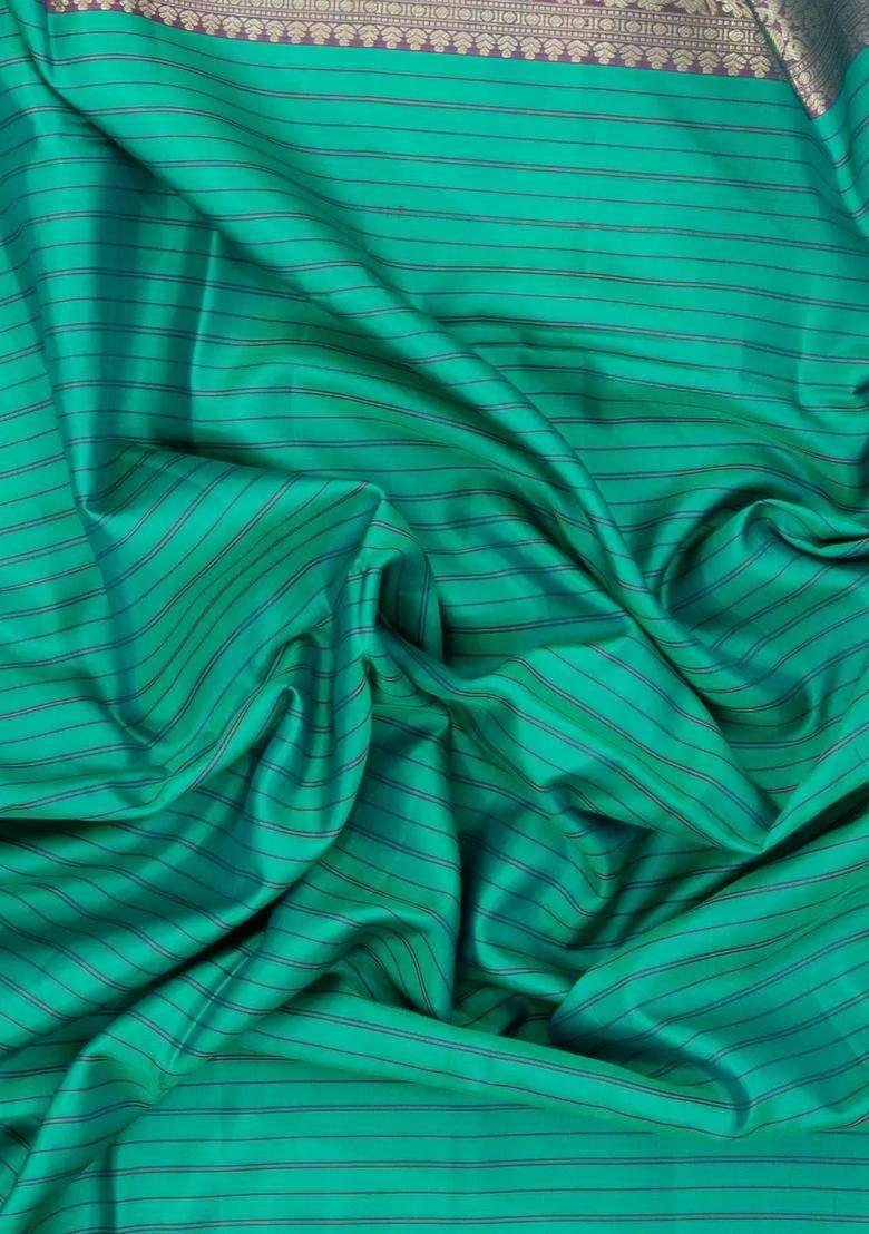 Aquamarine Handloom Soft Silk Saree With Stripes Contrast Border With Checks And Stripes Design For Women - Indya