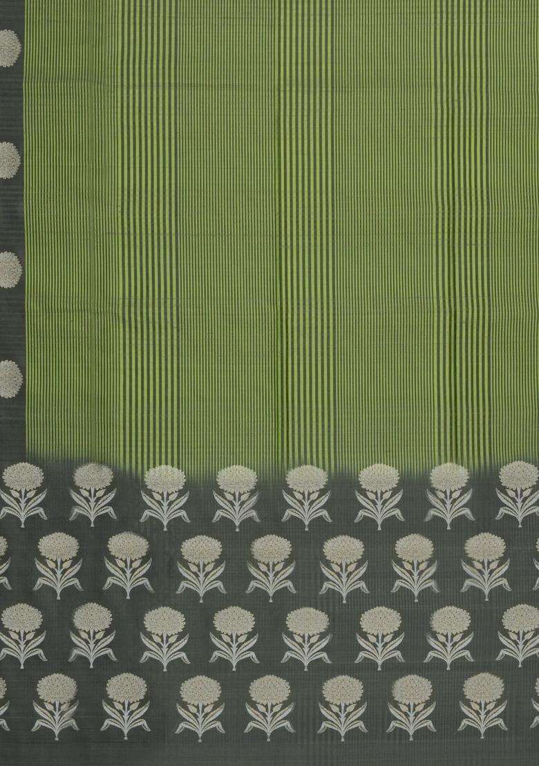 Leafy Green Handloom Soft Silk Saree With Stripes Border With Checks And Stripes Design For Women - Indya