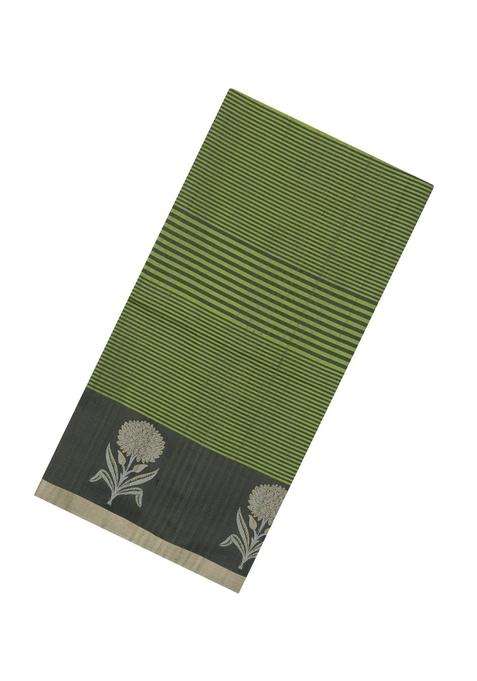 Leafy Green Handloom Soft Silk Saree With Stripes Border With Checks And Stripes Design For Women