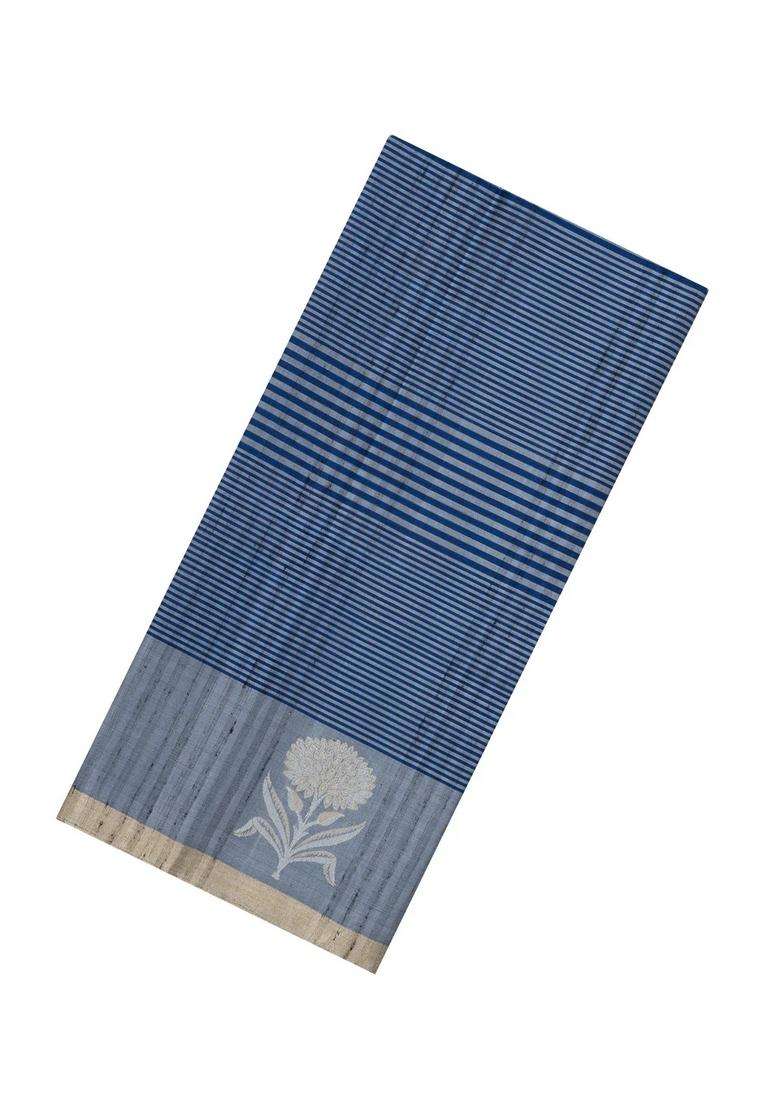 Navy Blue Handloom Soft Silk Saree With Stripes Border With Checks And Stripes Design For Women - Indya