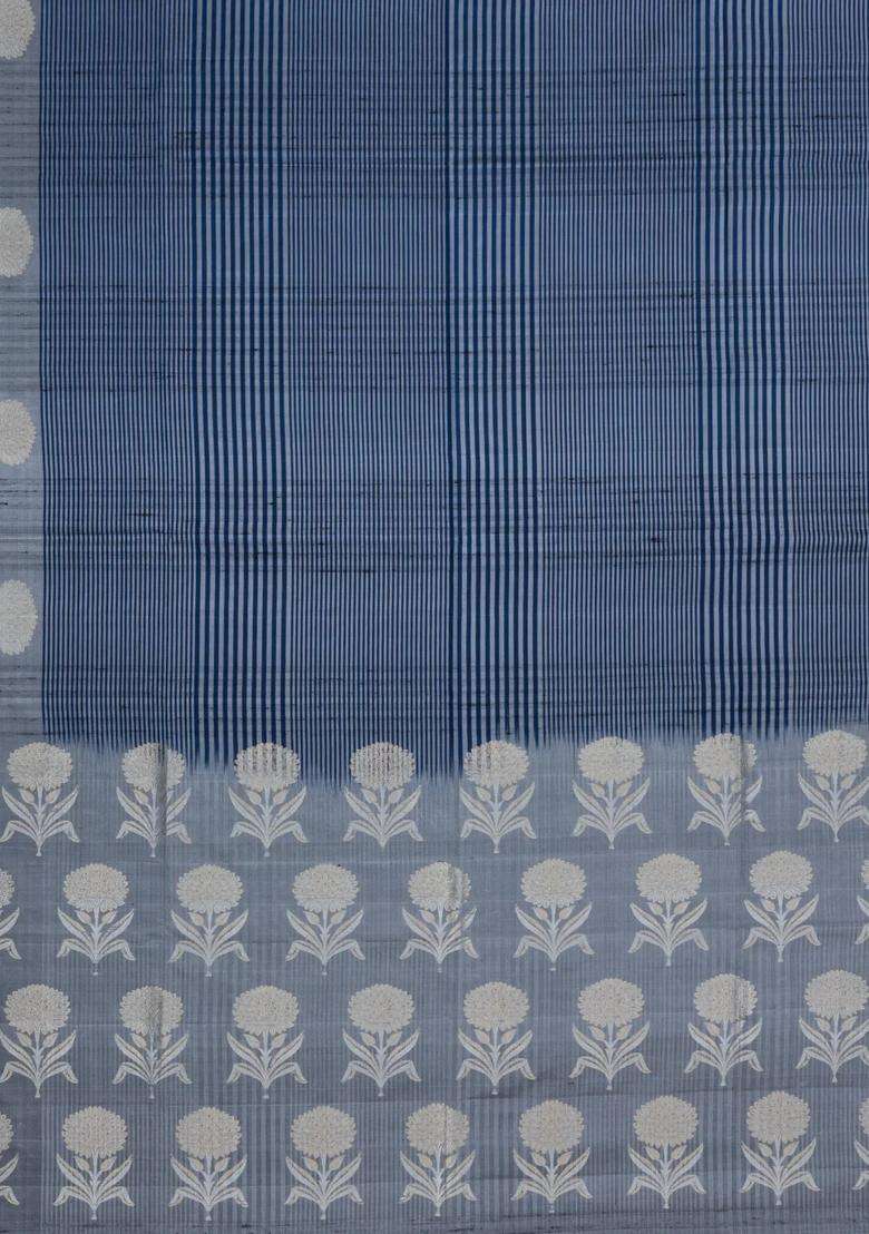 Navy Blue Handloom Soft Silk Saree With Stripes Border With Checks And Stripes Design For Women - Indya