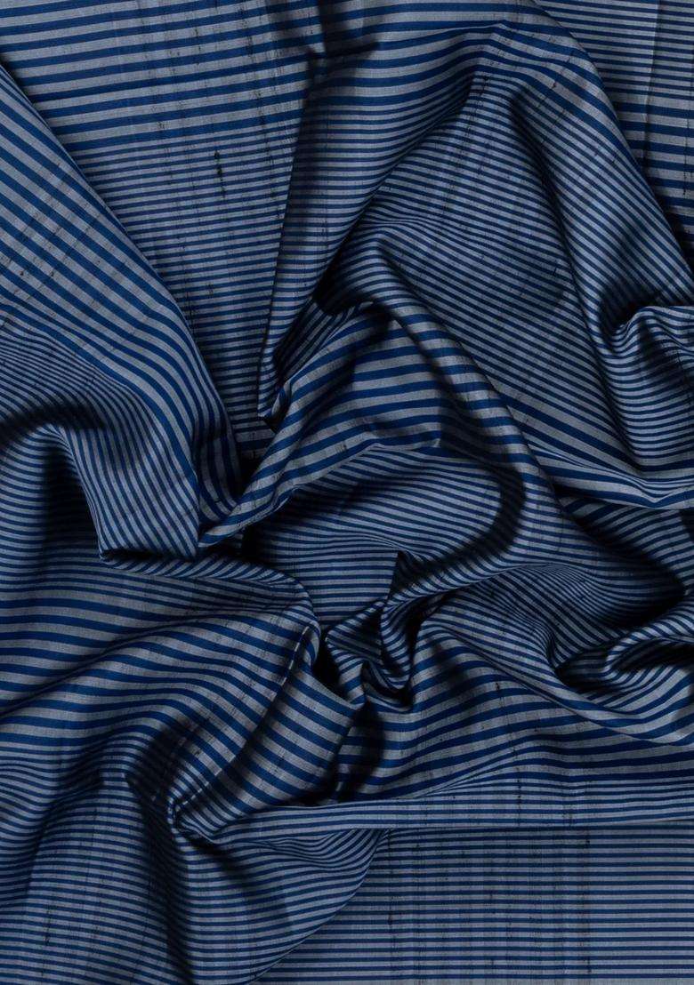 Navy Blue Handloom Soft Silk Saree With Stripes Border With Checks And Stripes Design For Women - Indya